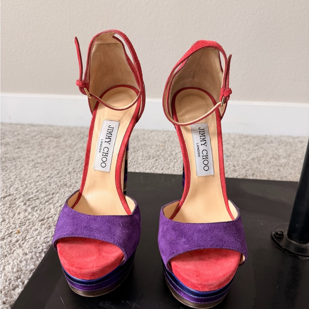 Jimmy Choo Max 150 Purple and Red Suede Platform Heels - Picture 3 of 7